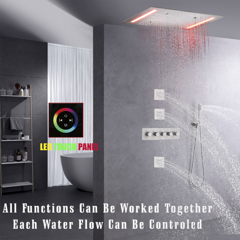 نحى الأمطار LED نظام الدش مجموعة 14 × 20 بوصة سقف الخيالة مستطيل كبير الحمام رأس دش فاخر
