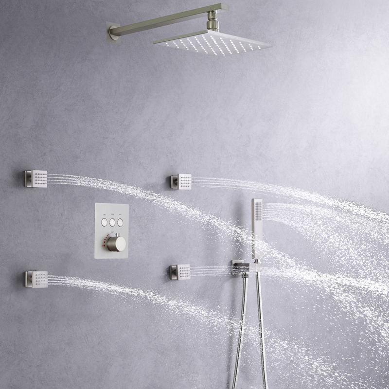 ثرموستاتي إخفاء حمام ودش صنبور مجموعة للحمام 8 × 12 بوصة نحى النيكل الفاخرة LED رأس دش المطر