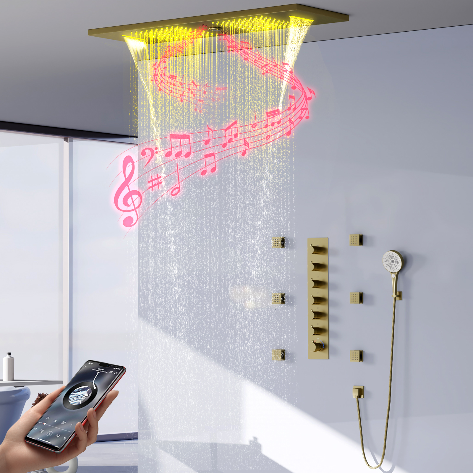 LED الحمام نحى الذهب رأس دش نظام دش المطر شلال نظام ثرموستاتي دش صنبور مجموعة