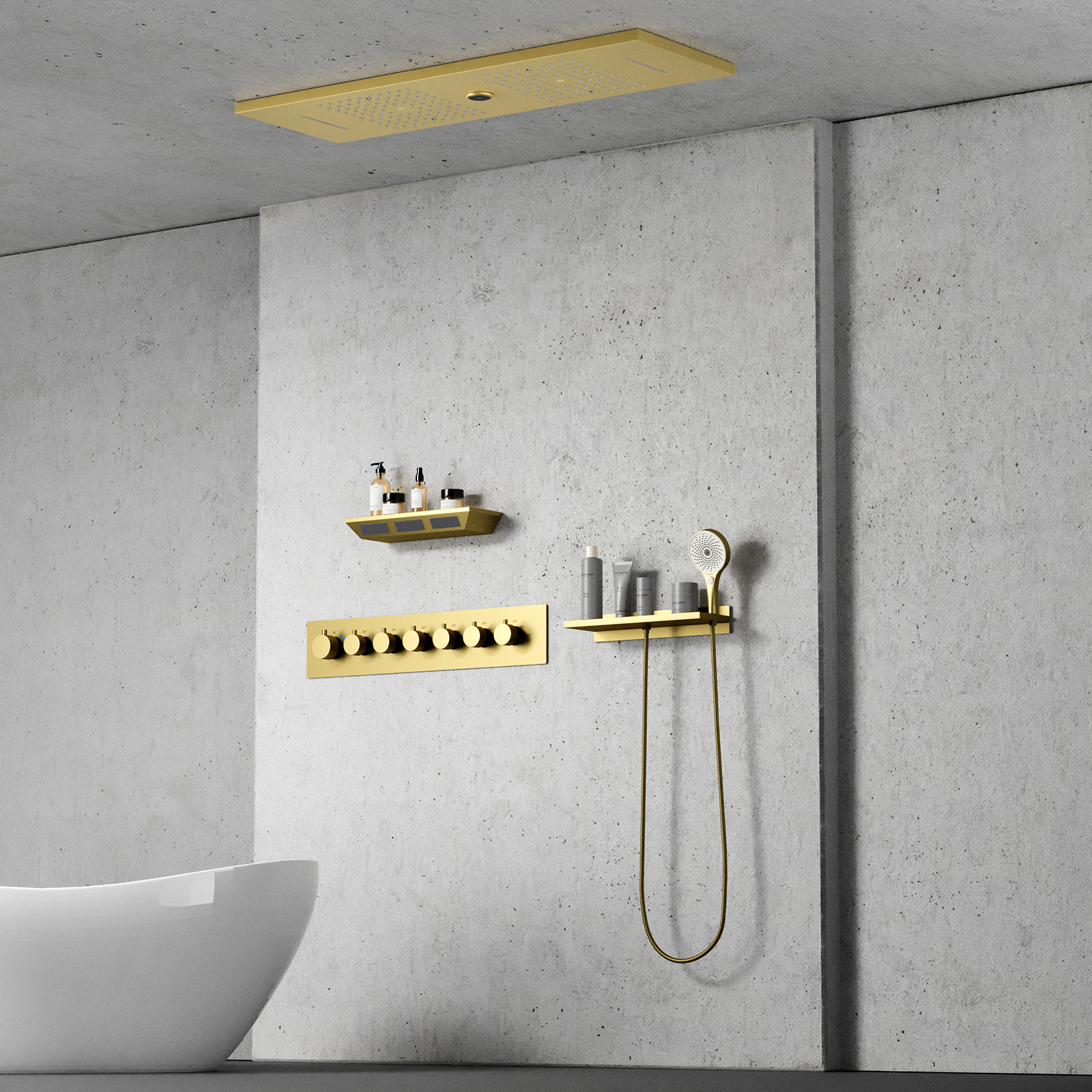 الحمام صغار شلال دش ثرموستاتي صنبور مع دش الجسم رأس دش والموسيقى وظيفة دش المطر LED رأس دش