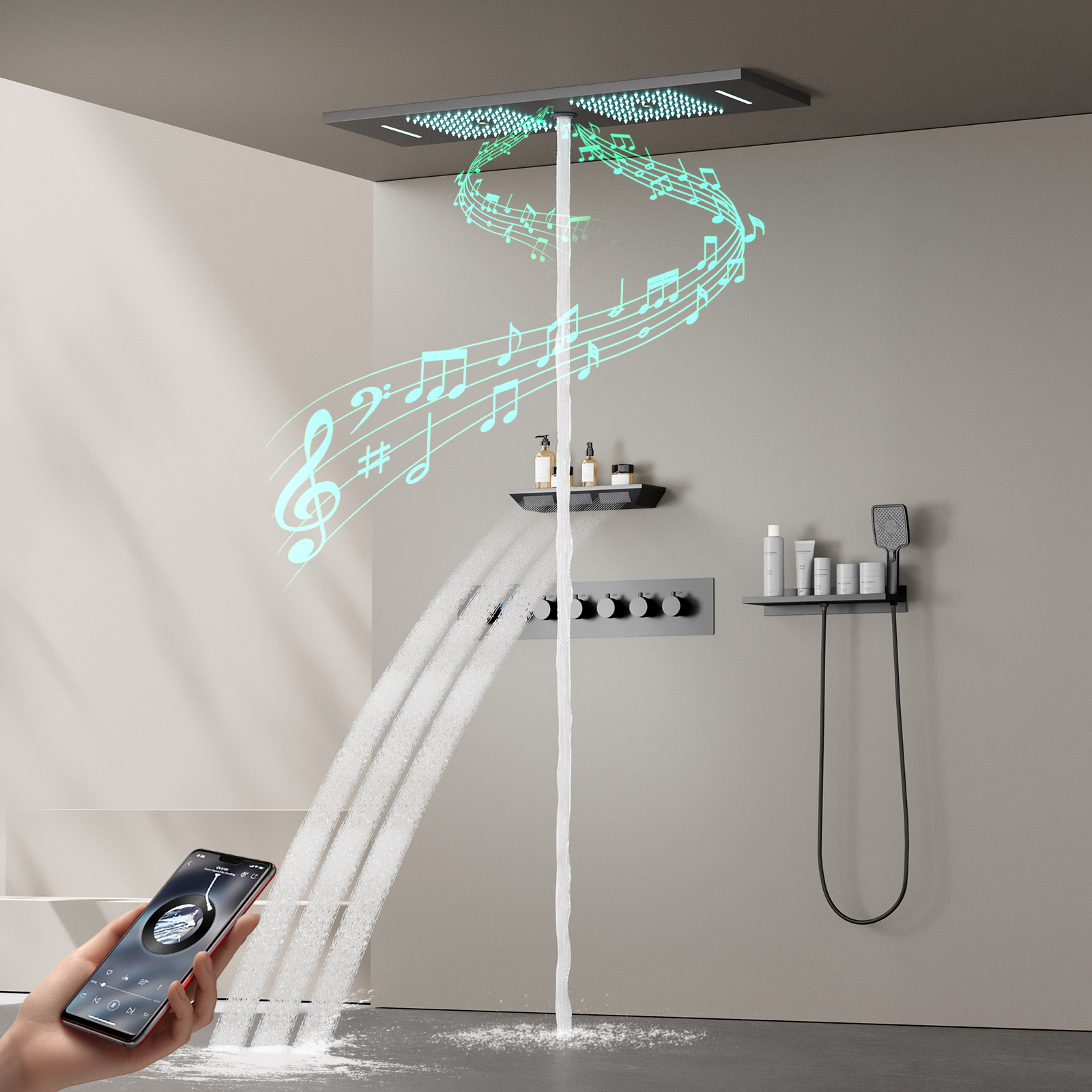مجموعة رأس دش موسيقي LED رمادية اللون مثبتة على السقف، صنبور ترموستات لرذاذ المطر مع رأس دش جانبي