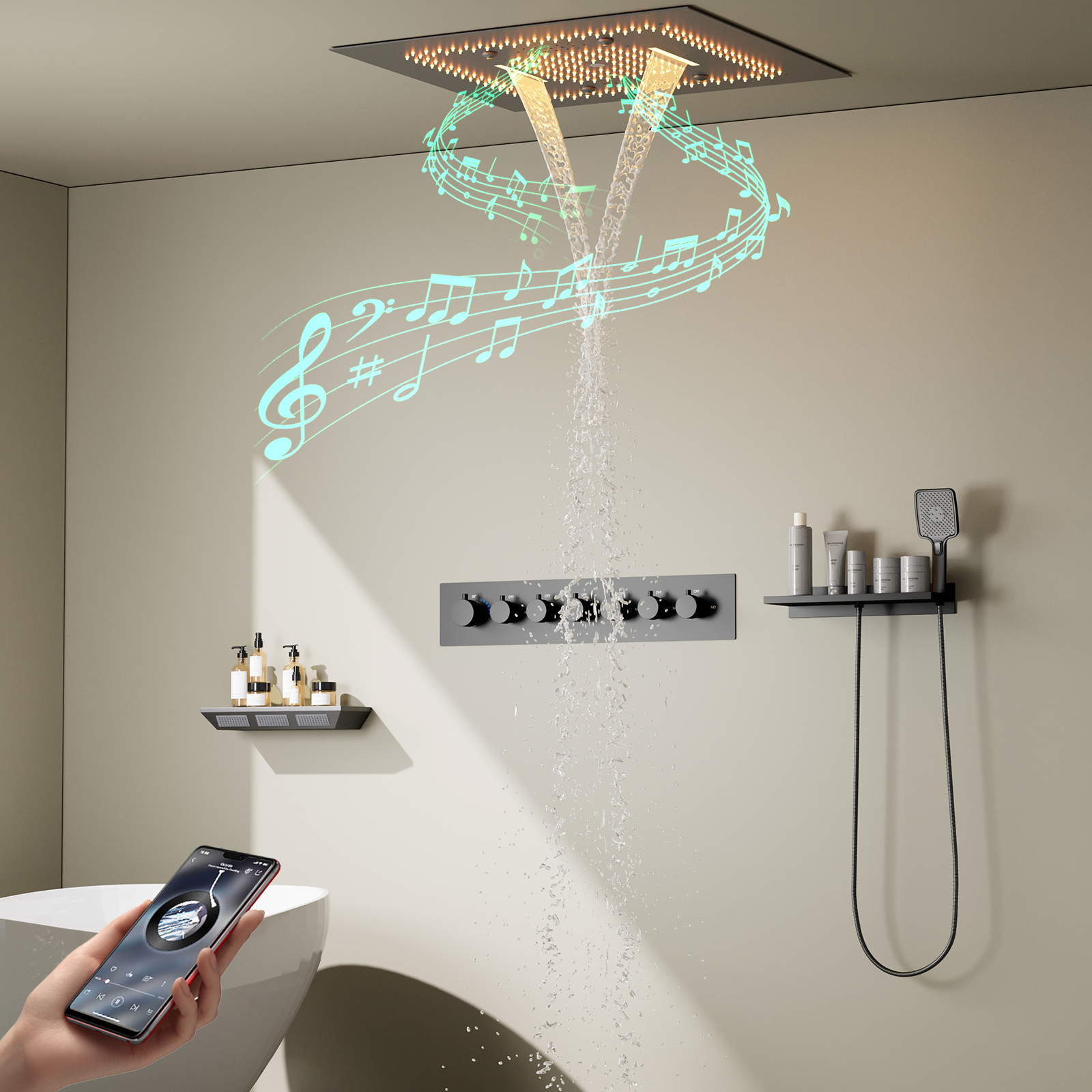 حوض الاستحمام سبا بندقية رمادي LED دش رئيس دش المطر شلال متعدد الوظائف راحة سقف الموسيقى دش مجموعة