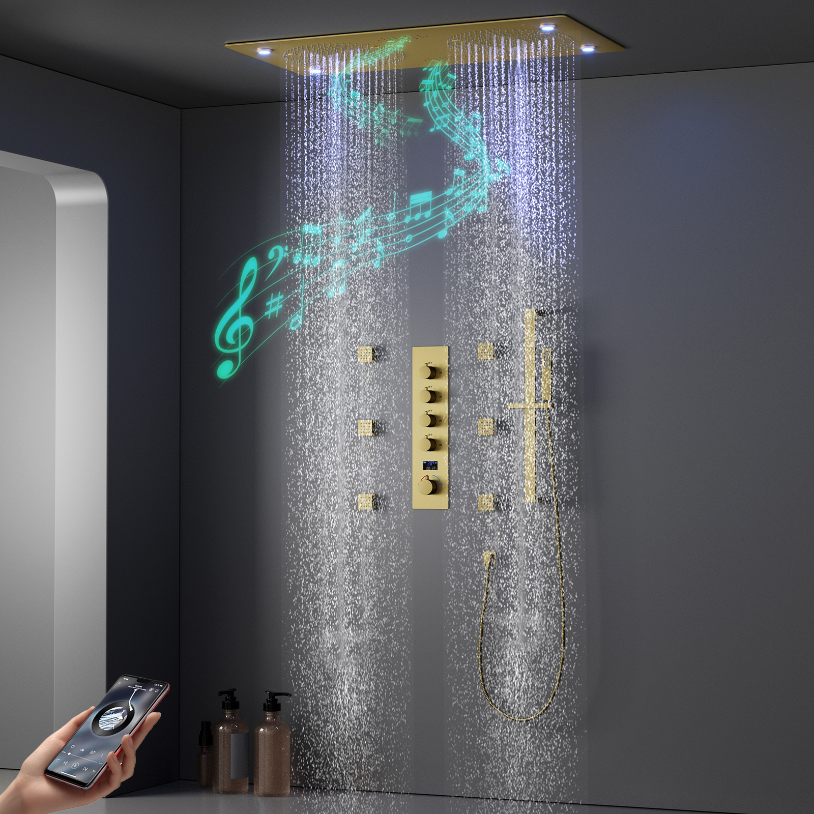 نحى الذهب LED الموسيقى دش سقف المطر نظام خلاط دش ثرموستاتي مع 6 قطع الجسم الطائرات