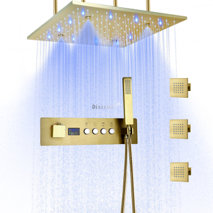 نحى الذهب 16 بوصة رأس دش ضباب المطر مع شاشة LED رقمية خلاط ثرموستاتي إخفاء مجموعة دش LED