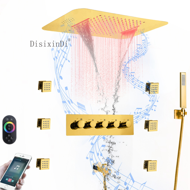 Ti Gold الحمام هطول الأمطار شلال LED صنبور دش ثرموستاتي مع دش الجسم جيت ورأس دش وظيفة الموسيقى