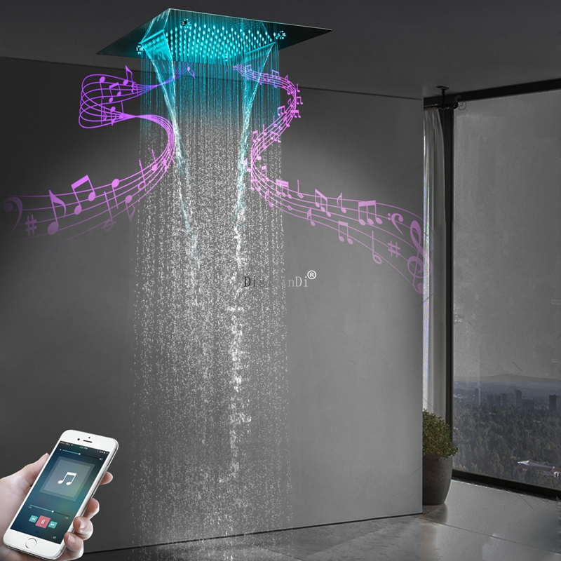 رأس دش LED مصقول بالكروم مع مكبر صوت للموسيقى مطر ضبابي ودش شلال 20 بوصة رأس دش مدمج بالسقف