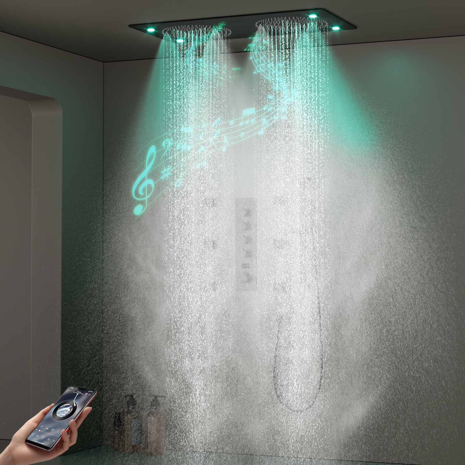 الحديثة متعددة الوظائف 62x32 سنتيمتر الحمام الأسود LED الموسيقى دش ثرموستاتي دش المطر مجموعة دش الذكية