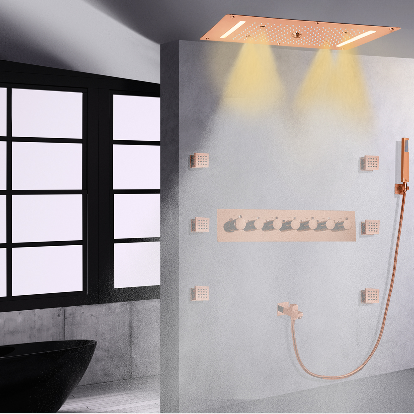 مجموعة دش مخفية مثبتة على الحائط LED باللون الذهبي الوردي في الحمام شلال ترموستاتي سبا