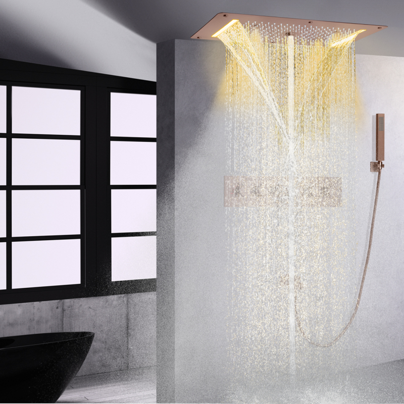 نظام دش حوض الاستحمام الترموستاتي البني 700 × 380 مم LED مجموعة دش الحمام صنبور الأمطار