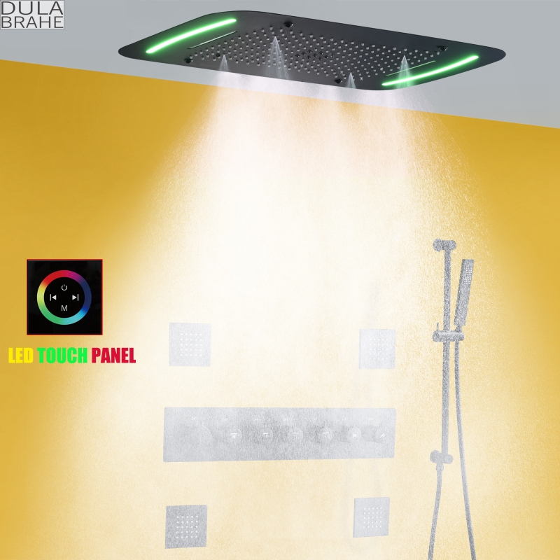 مجموعة نظام دش LED أسود لامع ترموستاتي مقاس 28 × 17 بوصة، لوحة مطر شلال حمام كبيرة للتدليك المائي النفاث