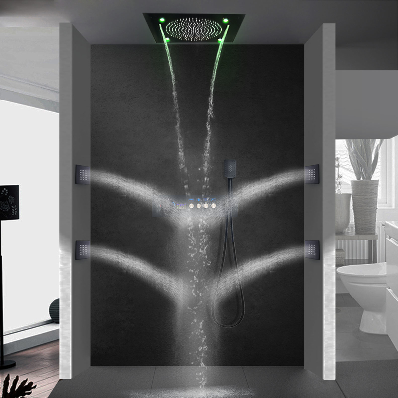 ماتي الأسود LED حمام دش صنبور الفولاذ المقاوم للصدأ ترموستاتي العرض الرقمي الحمام مع وظيفة الموسيقى رأس دش