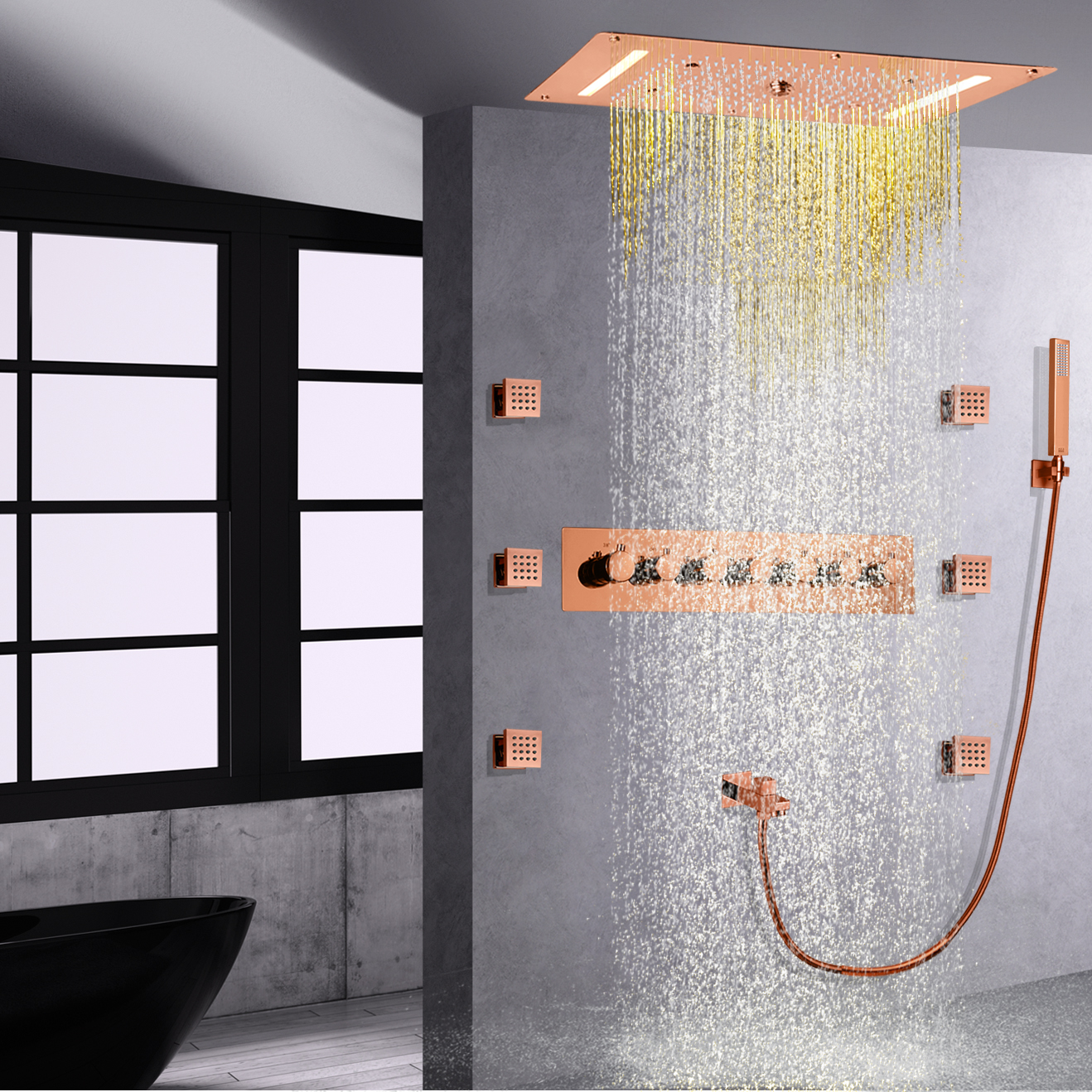 خلاط دش حمام فاخر باللون الذهبي الوردي LED حمام ثرموستاتي عالي التدفق دش شلال هطول الأمطار