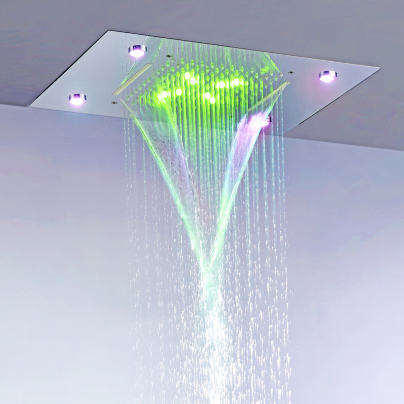 النمط الأوروبي الكروم المصقول 50X36 سم دش خلاط 7 ألوان LED الحمام ثنائي الوظيفة شلال الأمطار