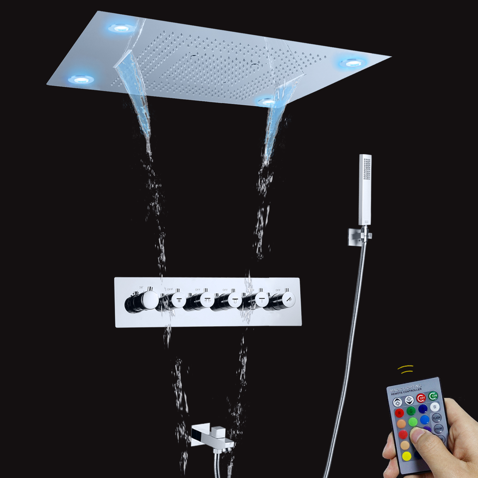 فاخر كبير LED رأس دش المطر 800*600 مللي متر كروم 5 طرق تدليك شلال ثرموستاتي هطول الأمطار دش مجموعة