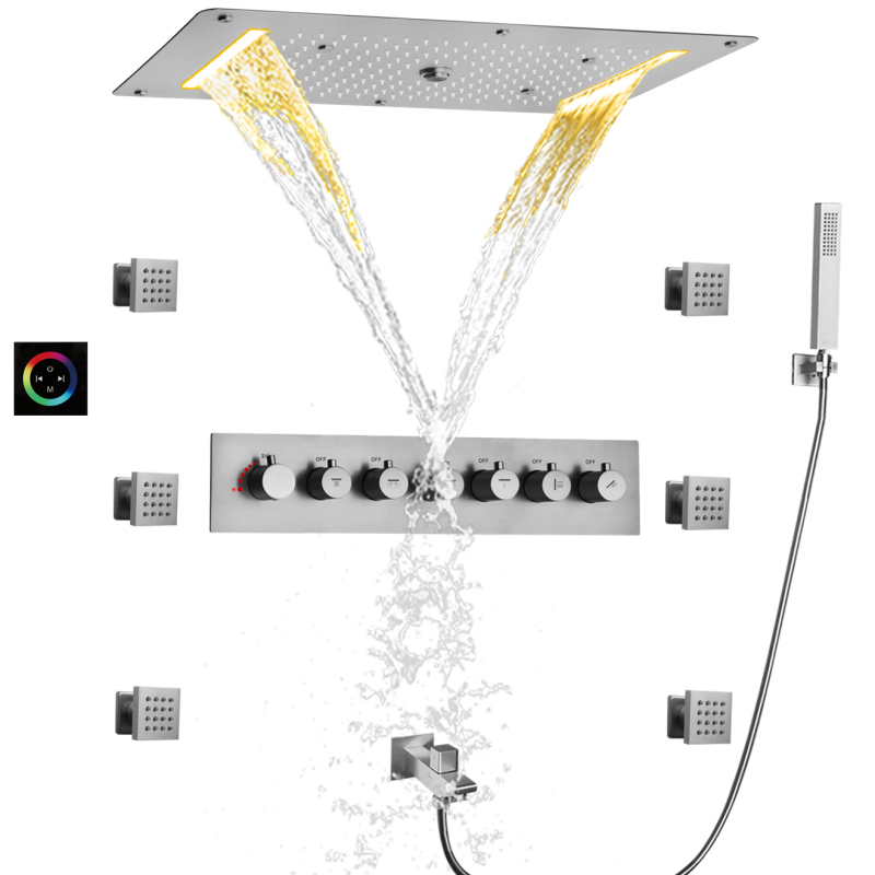 مجموعة كومبو محمولة باليد، خلاط دش مخفي بإضاءة LED باللون الذهبي المصقول وشلال الأمطار