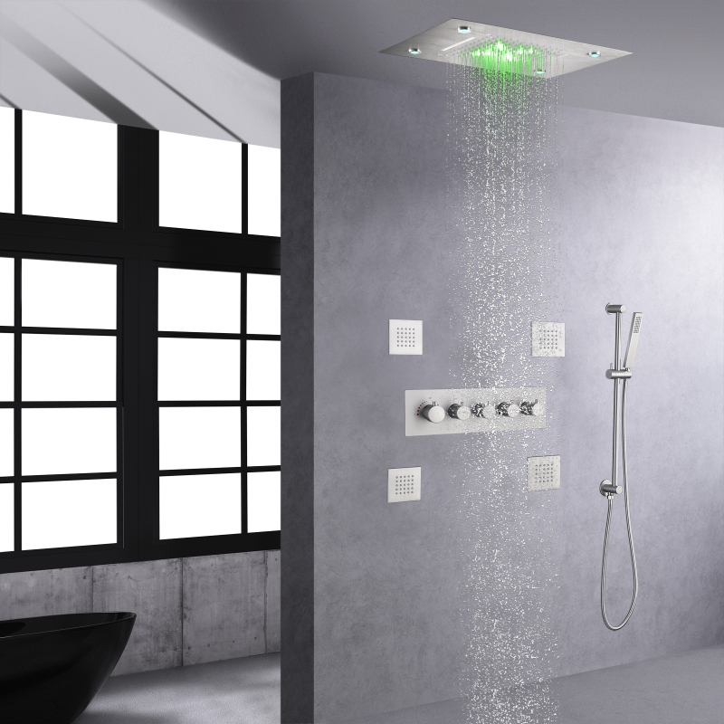 صنابير حمام ودش من النيكل المصقول مجموعة دش ثرموستاتي LED مقاس 14 × 20 بوصة نظام رأس دش الشلال والمطر
