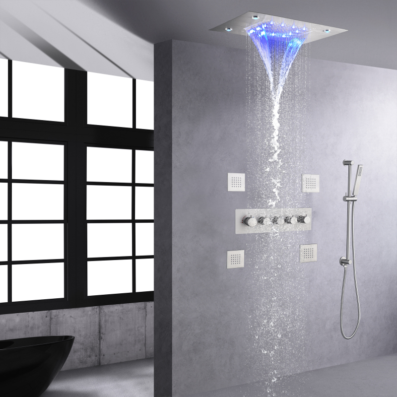 صنابير حمام ودش من النيكل المصقول مجموعة دش ثرموستاتي LED مقاس 14 × 20 بوصة نظام رأس دش الشلال والمطر