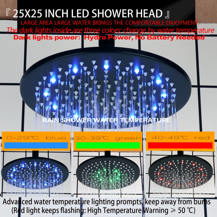 ماتي الأسود 25X25CM رأس دش LED 3 درجة حرارة اللون تغيير الحمام رفع دش الأمطار