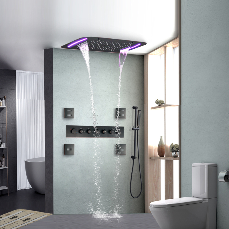 النفط مفروك البرونزية دش ثرموستاتي صنبور 71X43 سم الحمام الفاخرة LED تدليك هطول الأمطار رذاذ دش مجموعة