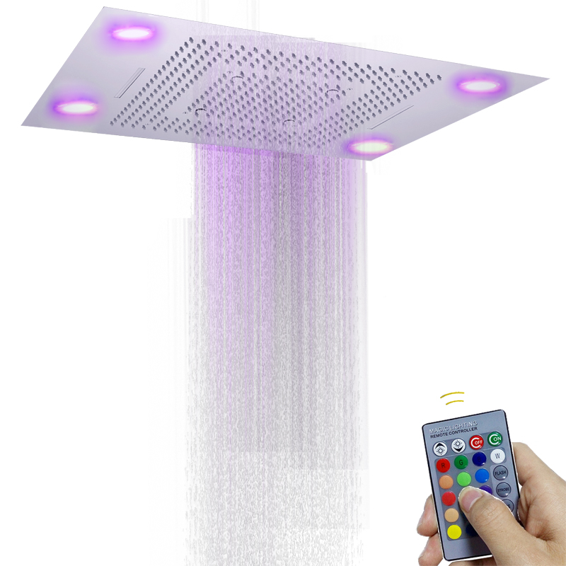رأس دش مطري 24 × 31 بوصة مع لوحة التحكم عن بعد LED من الفولاذ المقاوم للصدأ 304 وظائف شلال ضباب الفقاعات