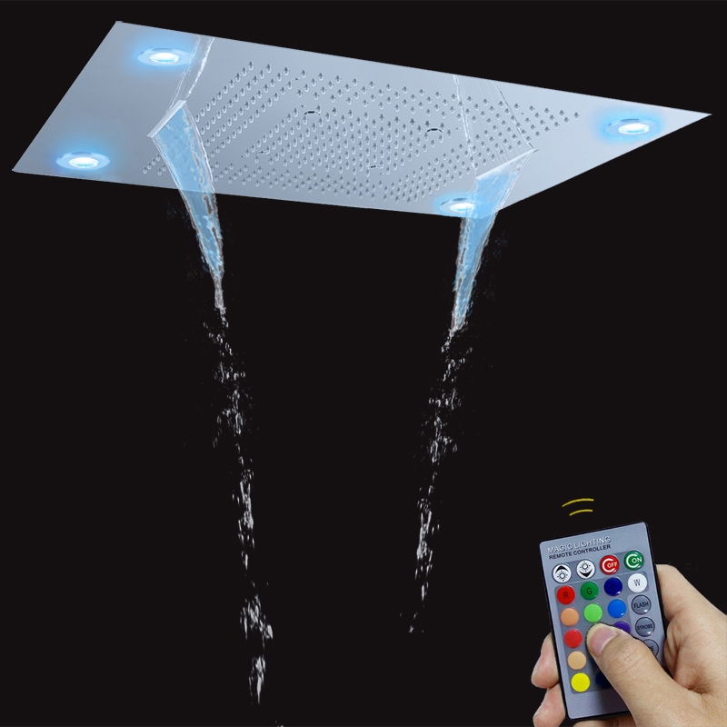 رأس دش مطري 24 × 31 بوصة مع لوحة التحكم عن بعد LED من الفولاذ المقاوم للصدأ 304 وظائف شلال ضباب الفقاعات