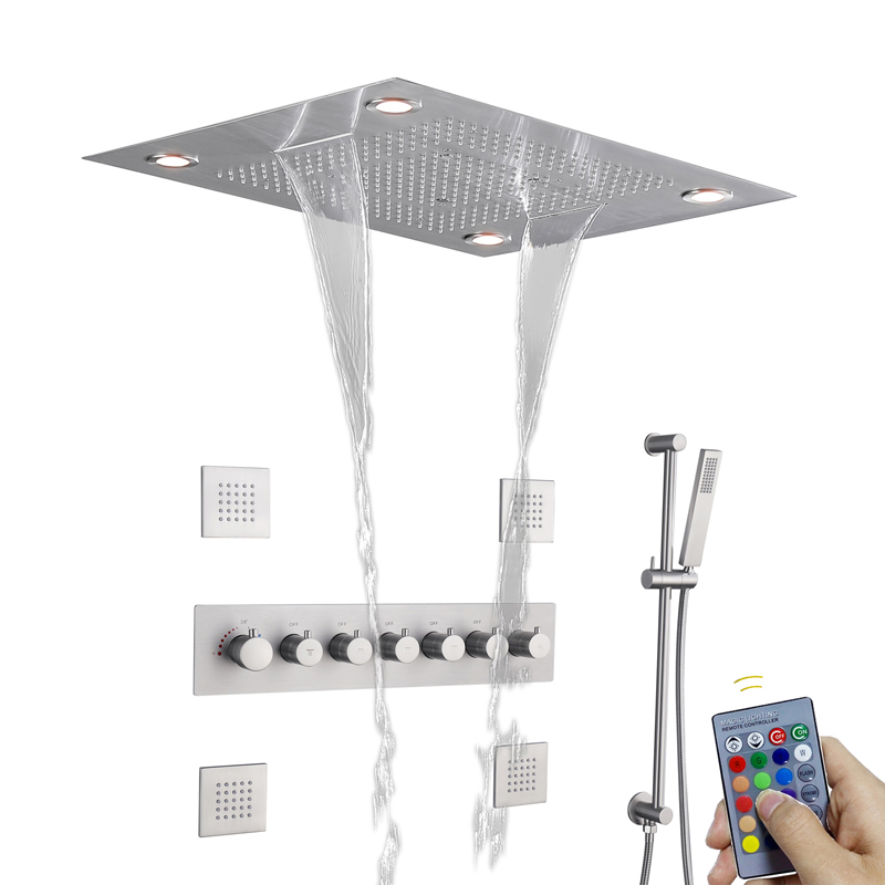 مجموعة دش ثرموستاتي LED للحمام من النيكل المصقول مع نظام دش هطول الأمطار لطائرات الجسم