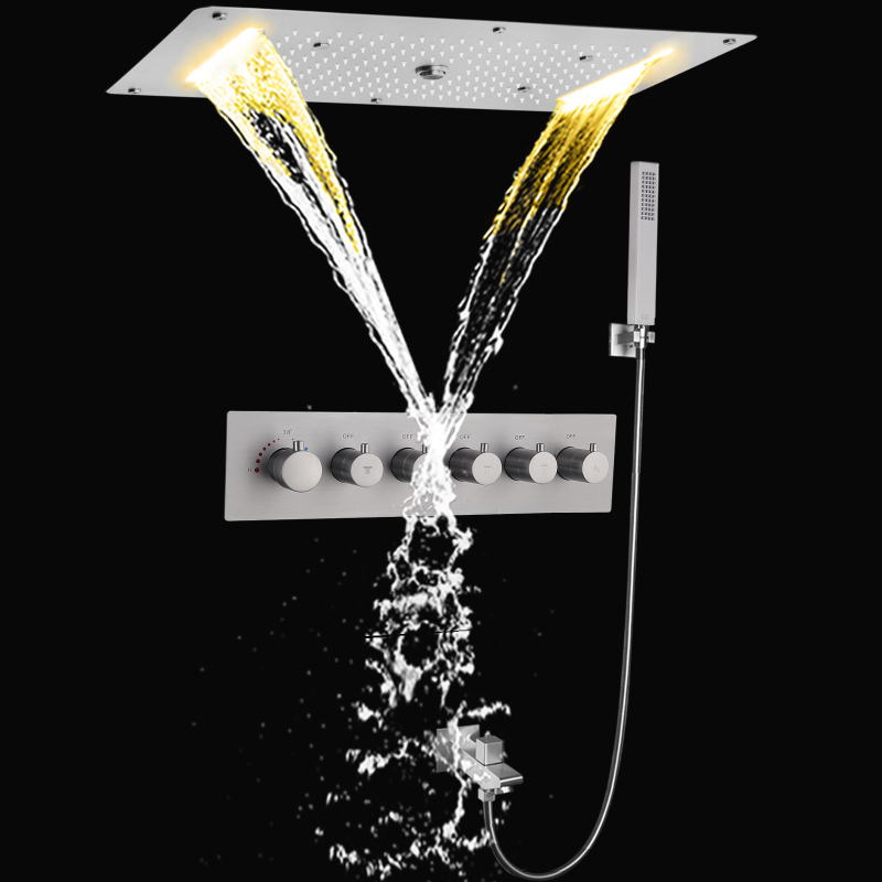 مجموعة الدش الحديثة 700 × 380 مم شلال السقف LED صمام الدش النحاسي والنيكل المصقول هطول الأمطار الترموستاتي