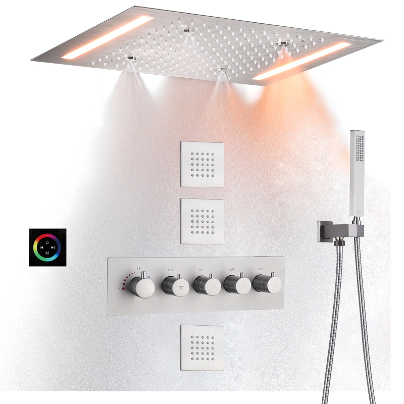 نحى الأمطار LED نظام الدش مجموعة 14 × 20 بوصة سقف الخيالة مستطيل كبير الحمام رأس دش فاخر