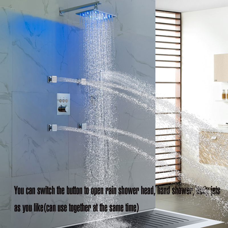 ثرموستاتي LED هطول الأمطار دش خلاط الحائط الكروم المصقول رأس دش للحمام