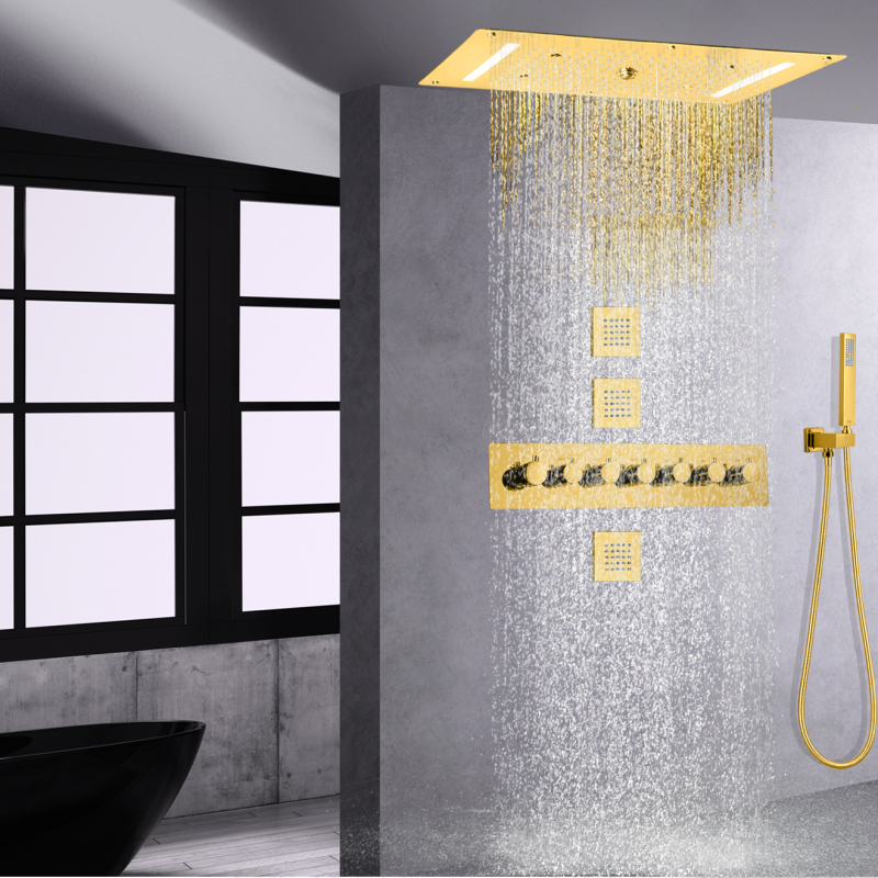 نظام دش سقف LED فاخر مصقول بالذهب 700 × 380 مم، خلاط دش شلال الأمطار مع مقبض يدوي