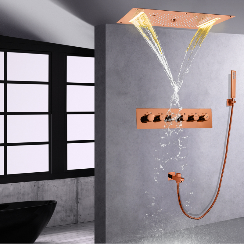 فاخر روز الذهب دش ثرموستاتي صنبور LED الحمام الشلال مجموعة دش مخفي مع سبا مع Handhel