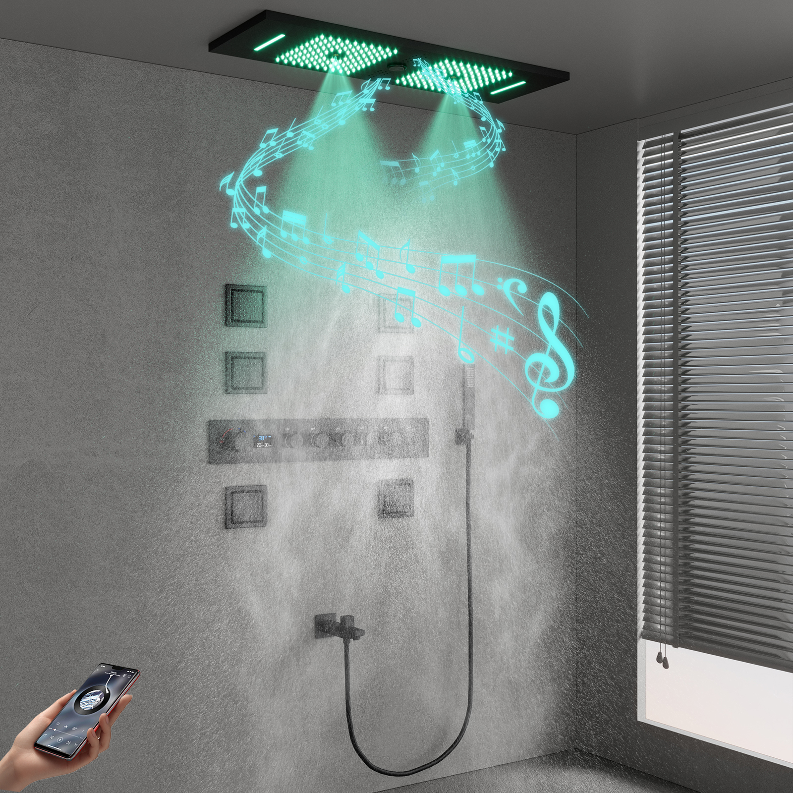 نظام صمام الدش LED للموسيقى باللون الأسود غير اللامع مقاس 900 × 300 مم مقسم إلى مجموعة دش مخفية