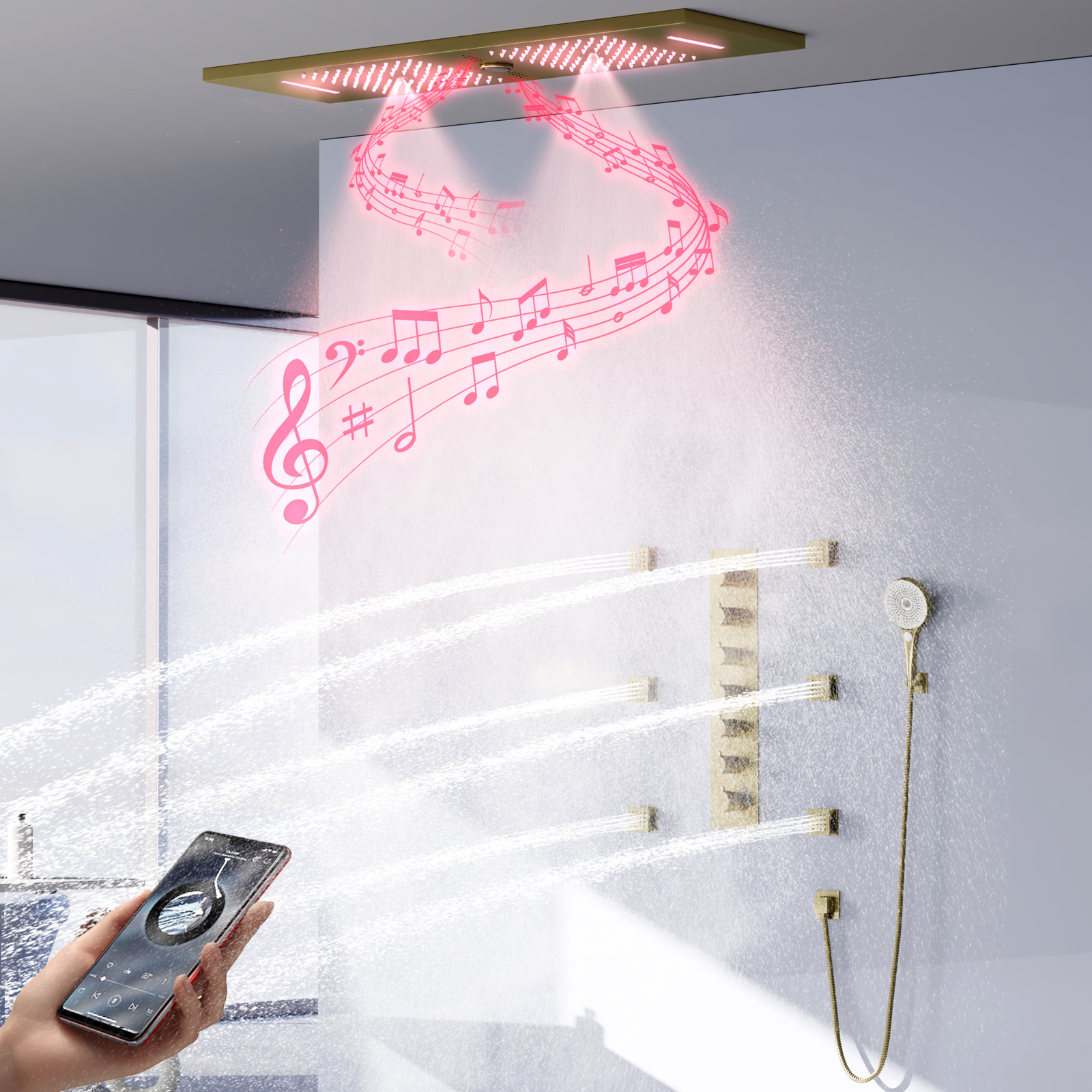 LED الحمام نحى الذهب رأس دش نظام دش المطر شلال نظام ثرموستاتي دش صنبور مجموعة