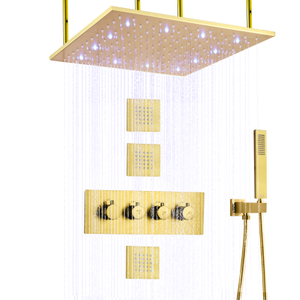 رأس دش مربع LED ذهبي مصقول مقاس 20 بوصة، مجموعة دش مطري ثرموستاتي، دش محمول باليد