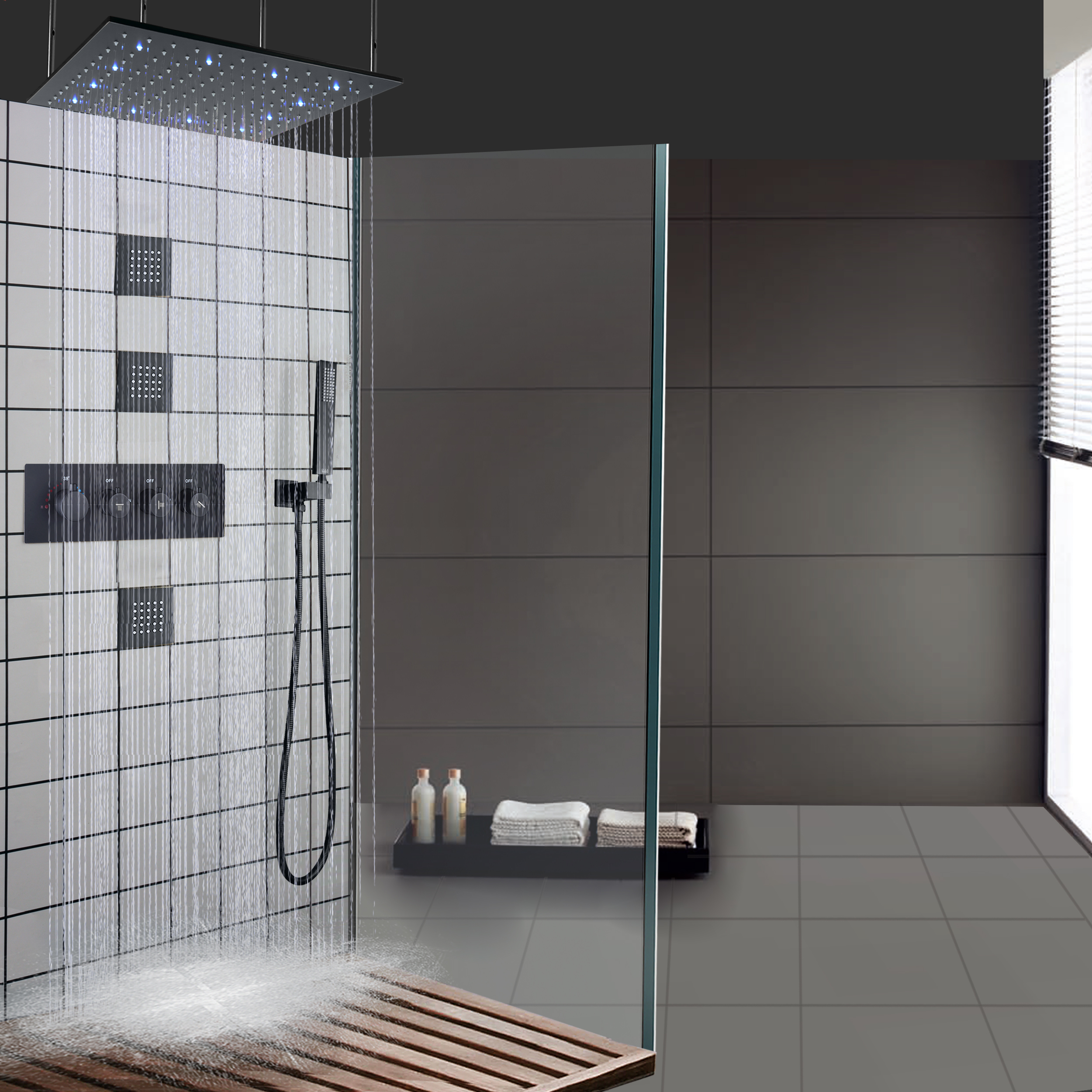 ماتي الأسود LED ثرموستاتي حمام دش الحنفيات سقف الحمام الأمطار تدليك دش مجموعة