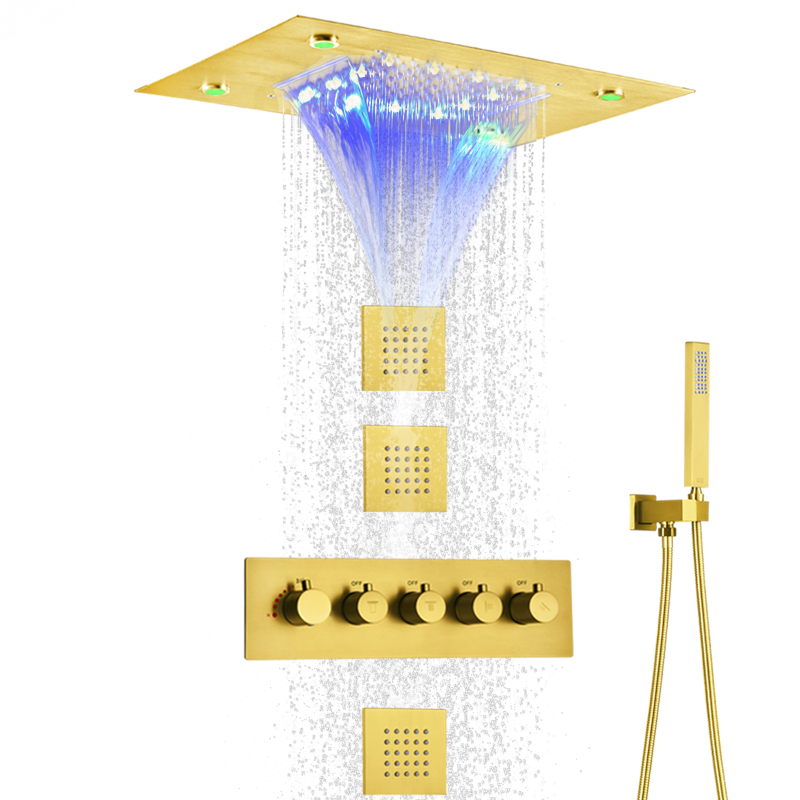 مجموعة دش مطري للحمام باللون الذهبي المصقول مقاس 14 × 20 بوصة بنظام ترموستاتي شلال عالي التدفق