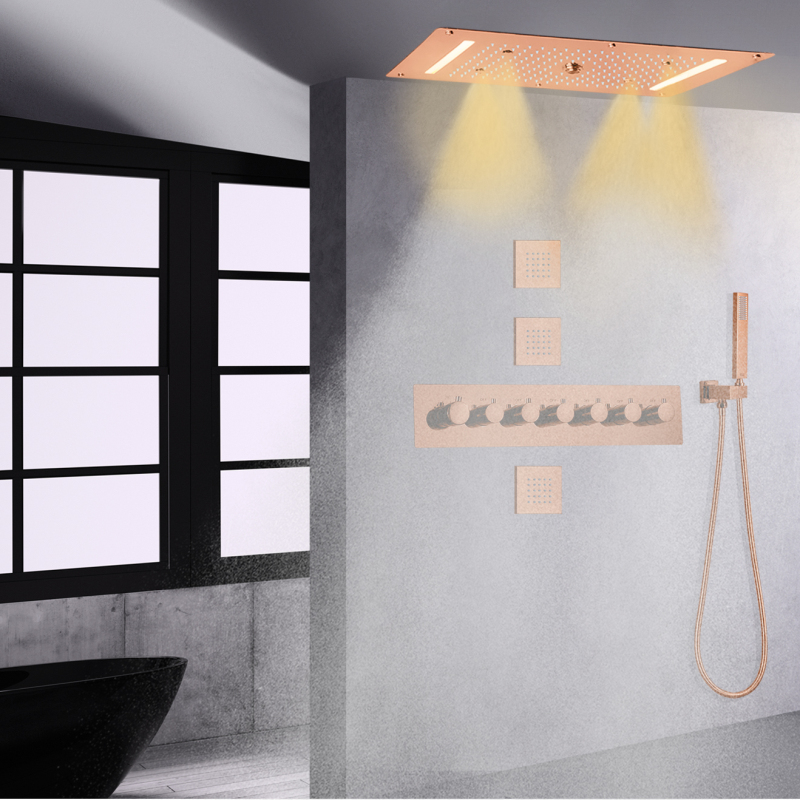 نظام دش LED حديث ثرموستاتي باللون الذهبي الوردي للتدليك في الحمام شلال الأمطار