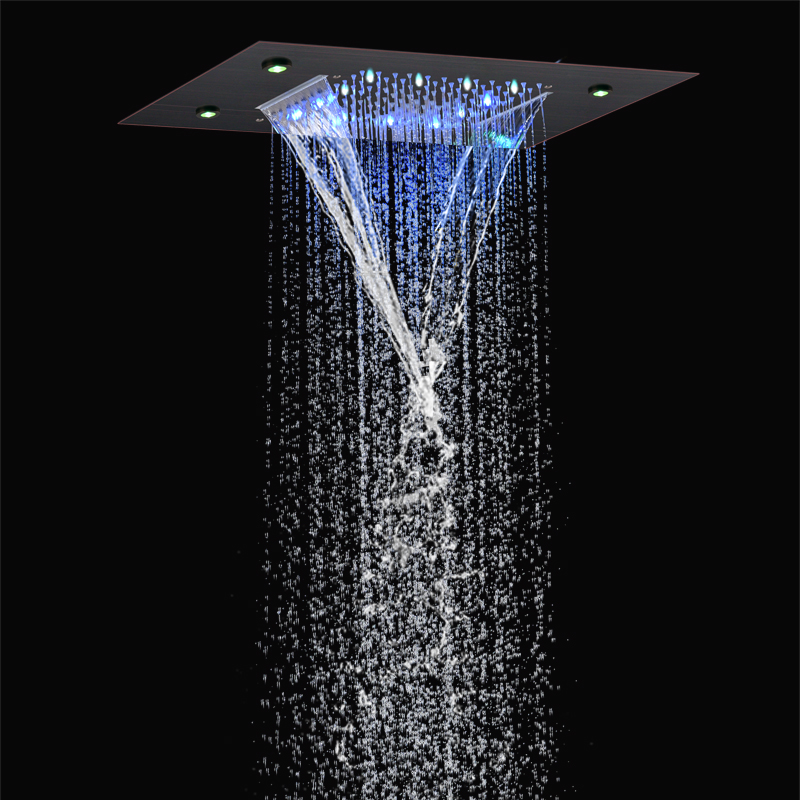 صنابير دش برونزية مفروكة بالزيت 50 × 36 سم LED 7 حمام ملون مزود بسقف ثنائي الوظيفة شلال هطول الأمطار