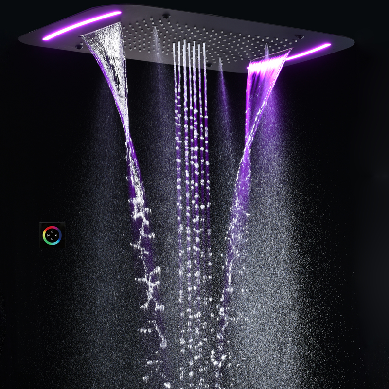 ماتي الأسود 71X43 سم رأس دش مع لوحة تحكم LED الحمام شلال هطول الأمطار التفتيت فقاعة سبا دش