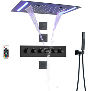 رأس دش ثرموستاتي أسود غير لامع 50 × 36 سم مع لوحة تحكم LED للحمام متعدد الوظائف شلال هطول الأمطار التفتيت