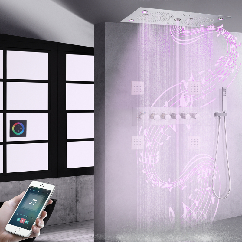 نظام دش ثرموستاتي من النيكل المصقول مجموعة 620*320 مللي متر LED الحمام مع الموسيقى متعددة الوظائف تدليك كامل الاستحمام دش