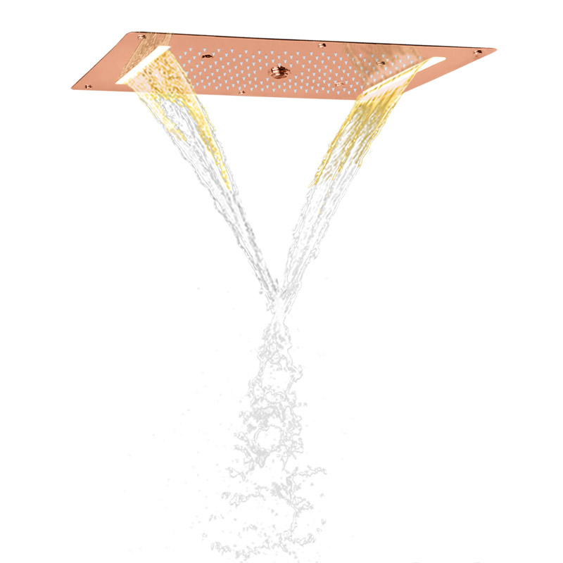 حنفيات الدش باللون الذهبي الوردي مقاس 70 × 38 سم LED للحمام متعددة الوظائف شلال هطول الأمطار تفتيت الفقاعات دش السبا