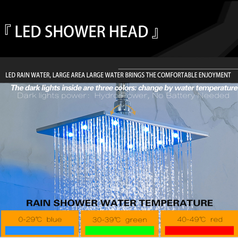 الكروم المصقول 28X18CM دش خلاط LED 3 درجة حرارة اللون تغيير الحمام جدار جبل دش الأمطار