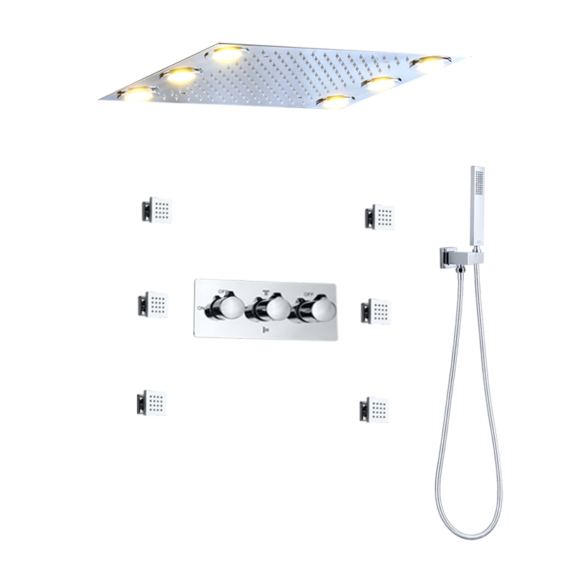 رأس دش مطري غائر، مجموعة دش مربعة LED، 6 نفاثات للجسم، 304 ملحقات حمام من الفولاذ المقاوم للصدأ، دش يدوي