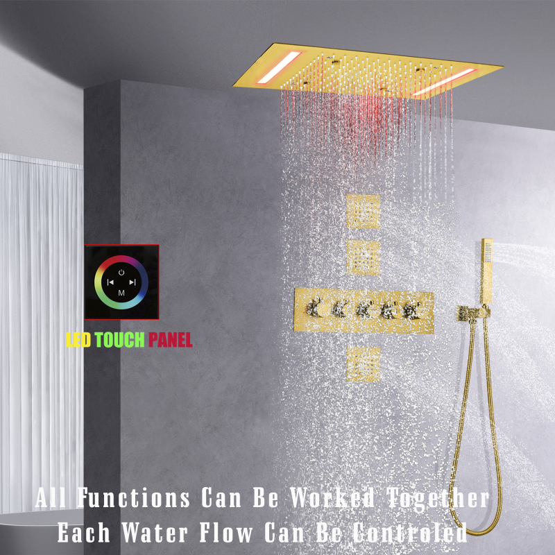 مجموعة نظام الدش LED باللون الذهبي المصقول مقاس 14 × 20 بوصة مجموعة دش هطول الأمطار للسقف ثرموستاتي