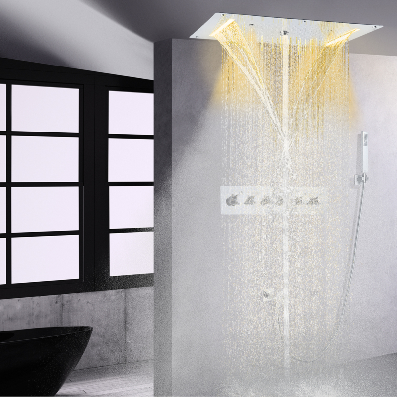 نظام دش حوض الاستحمام الحراري 700X380 ملم شلال رذاذ فقاعة المطر LED حمام دش الرأس مع يده