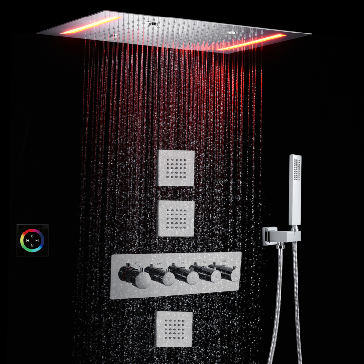 مجموعة نظام دش المطر الترموستاتي من الكروم مقاس 14 × 20 بوصة، دش ضباب الحمام الفاخر LED