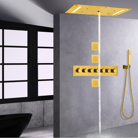 700X380 ملليمتر الذهب المصقول دش سماعات رأس مع يده رسالة الجسم الطائرات ثرموستاتي LED حمام دش صنبور