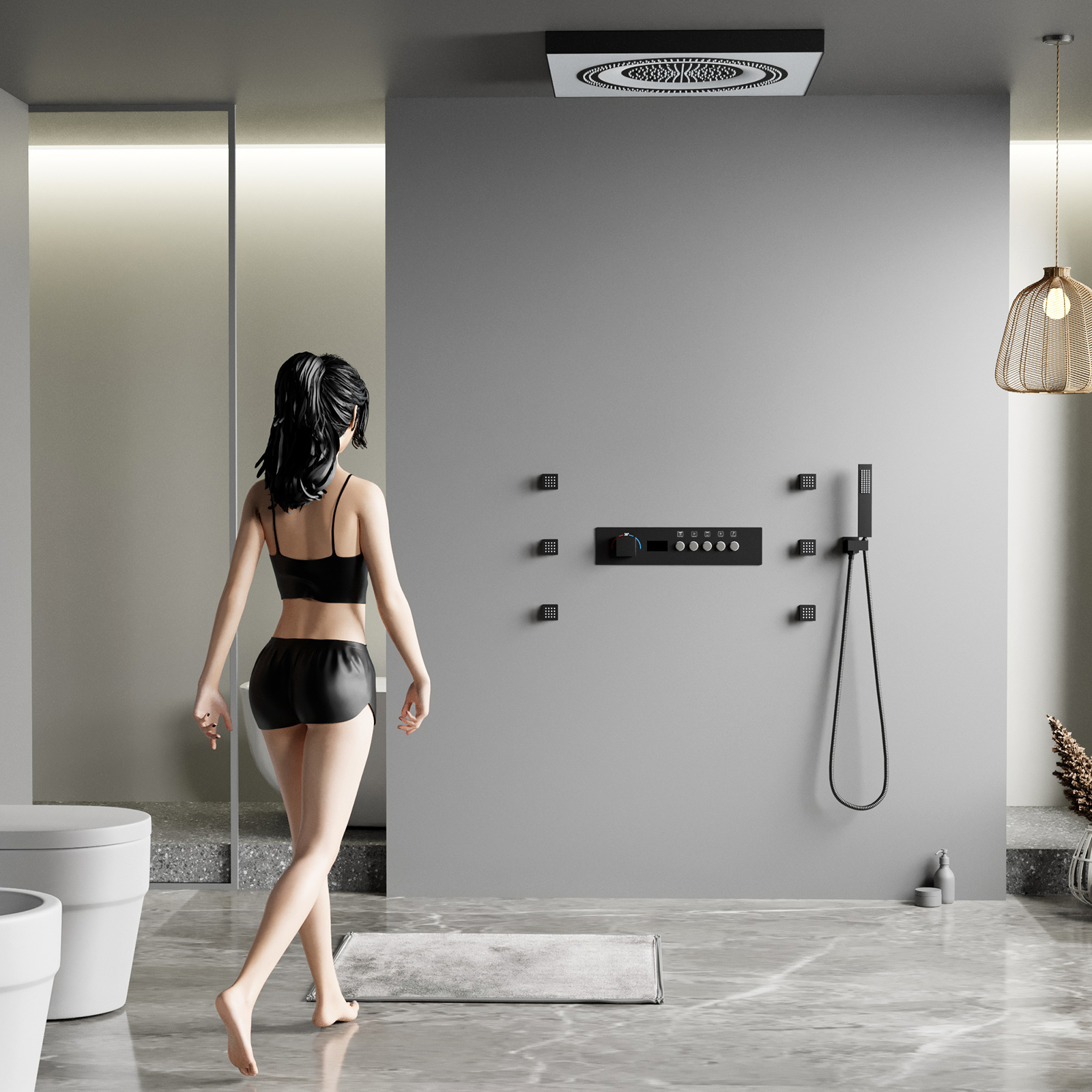 التحكم عن بعد LED رأس دش جديد زر الموسيقى العرض الرقمي رأس دش المطر مجموعة النحاس