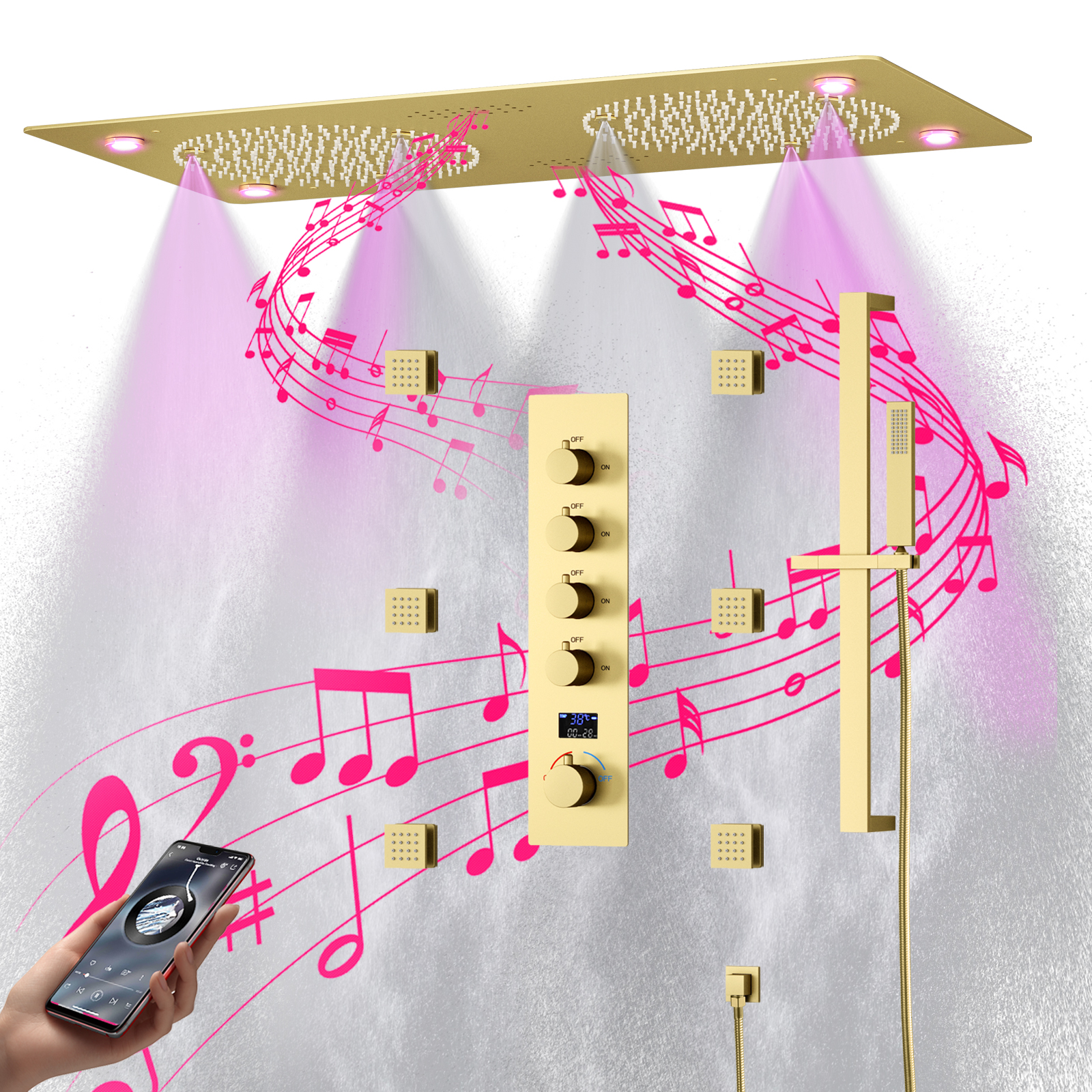 سقف رذاذ المطر دش LED الموسيقى دش رئيس الذهب مجموعة رذاذ المطر تدليك ترموستات نظام دش مجموعة